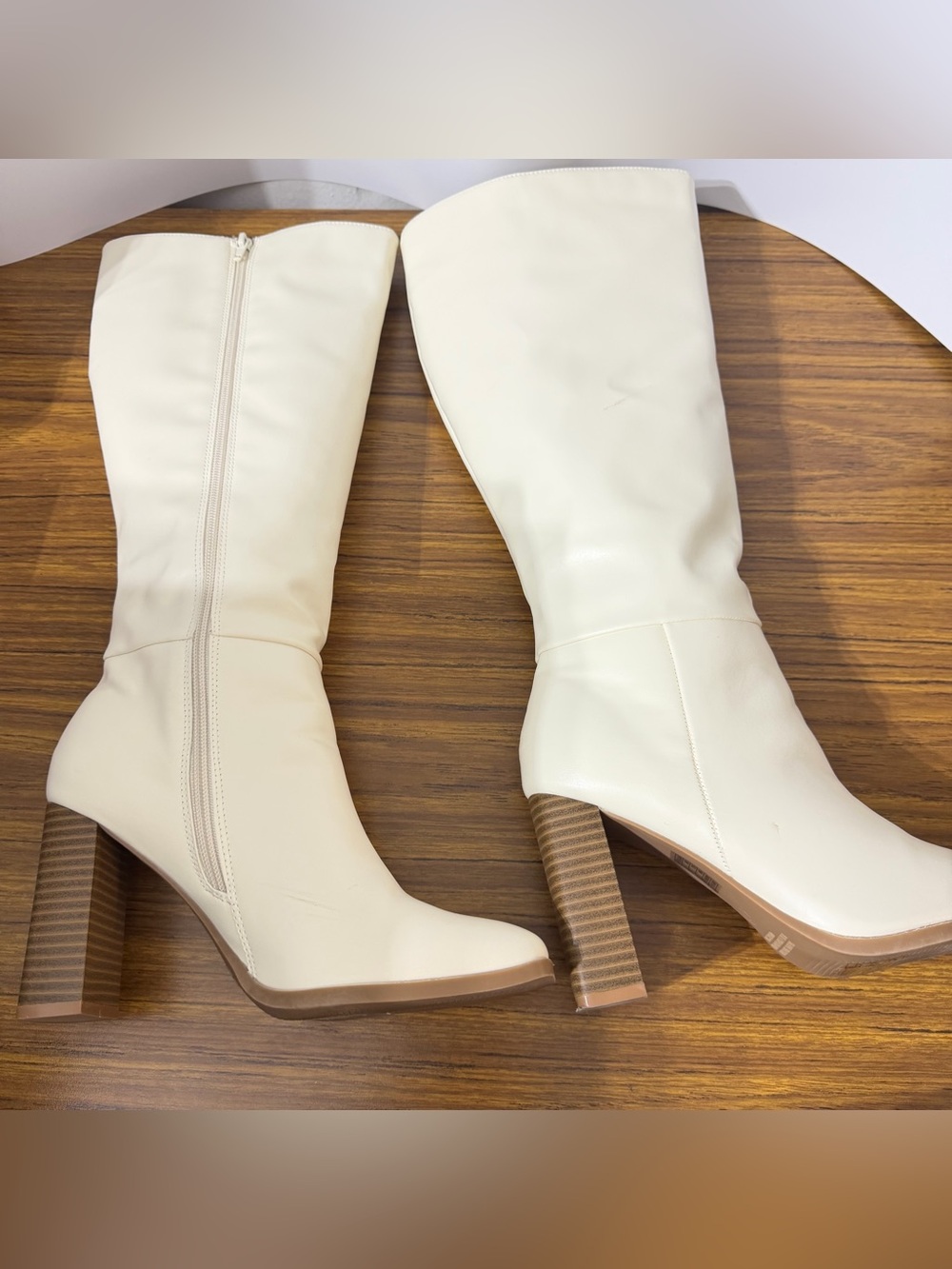 Cream Over-the-Knee Block Heel Boots with Side Zip